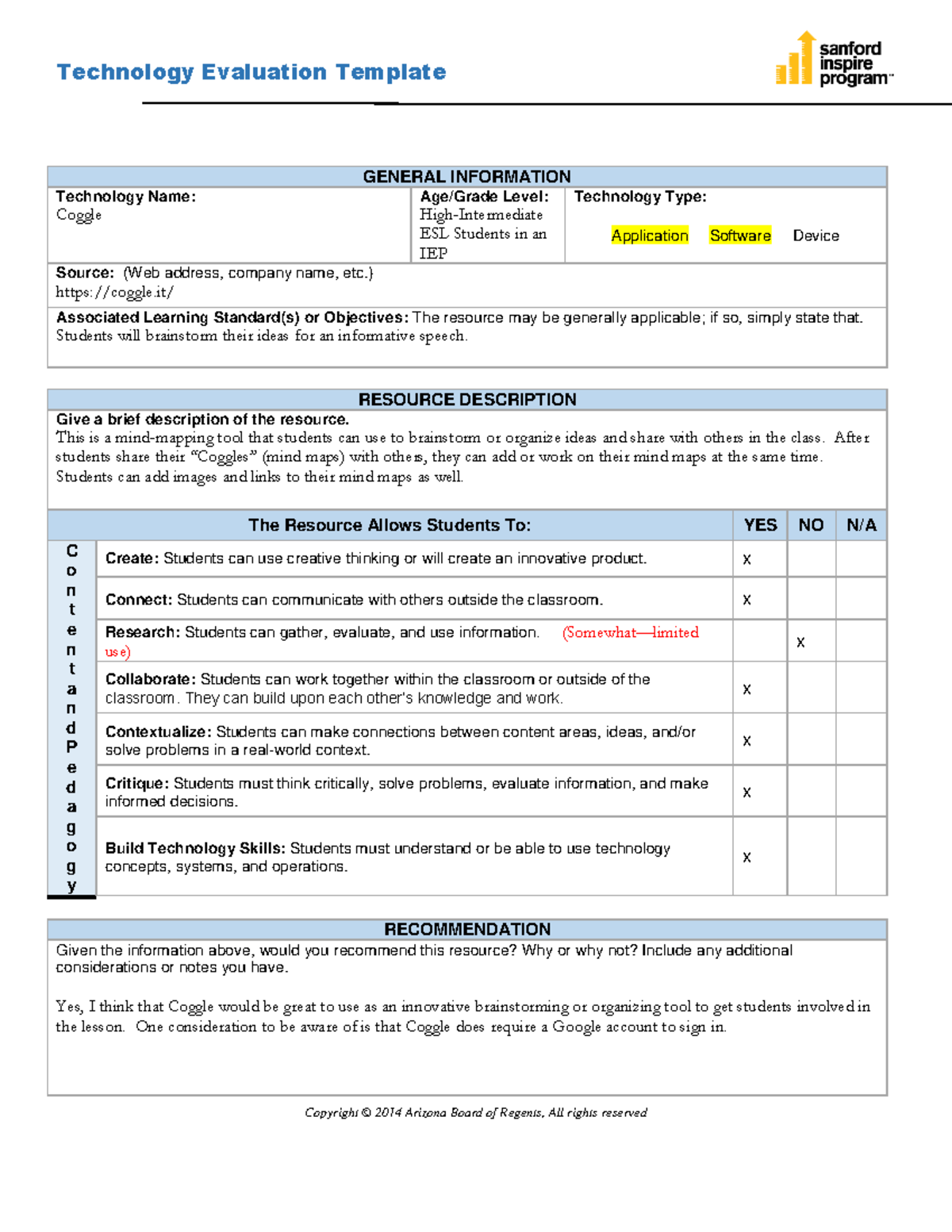 Technology Evaluation Template: Coggle for ESL IEP Students - Studocu