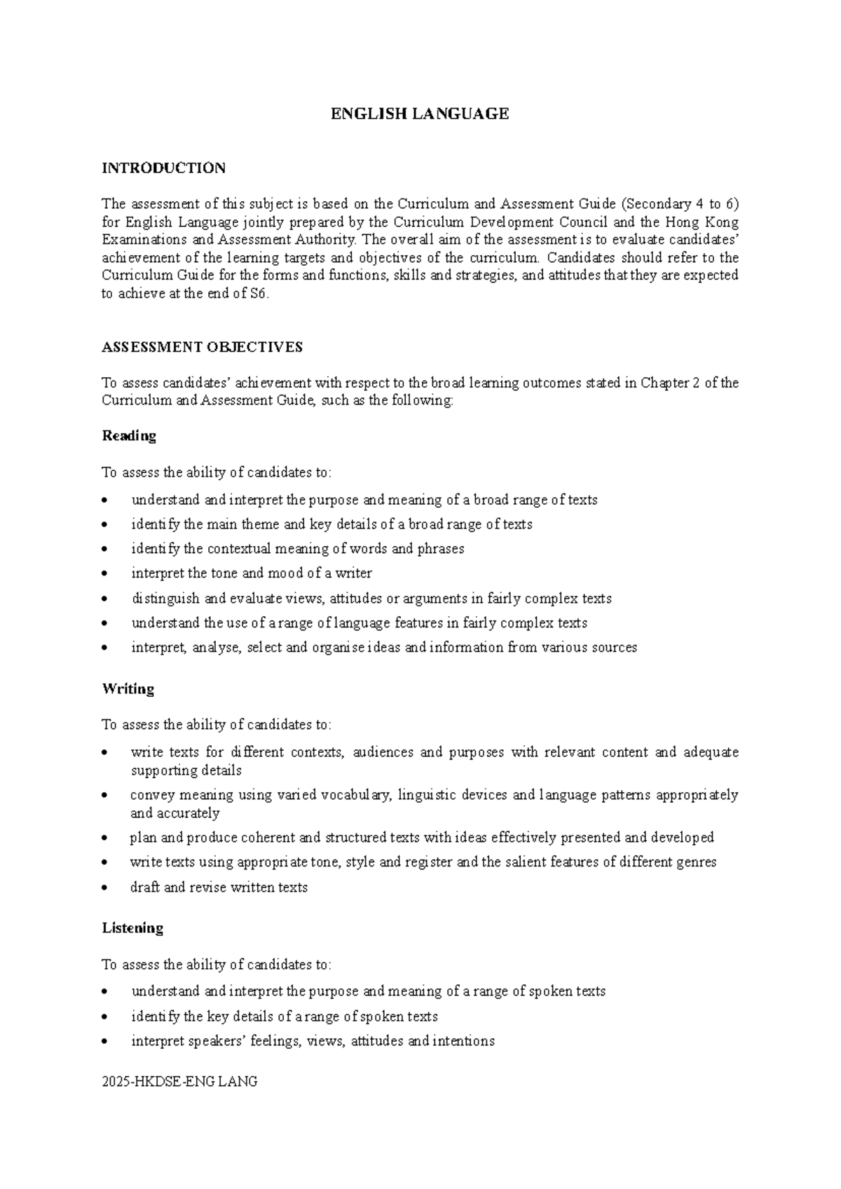 2025 HKDSE English Language Assessment Framework Overview - Studocu