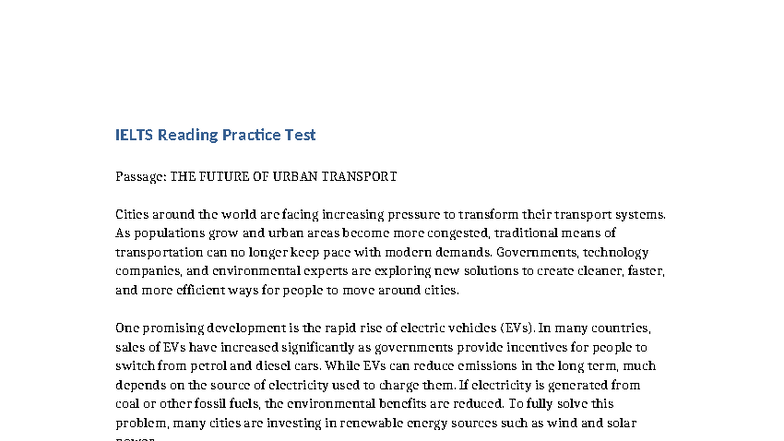 IELTS Reading Practice: The Future of Urban Transport - Studocu