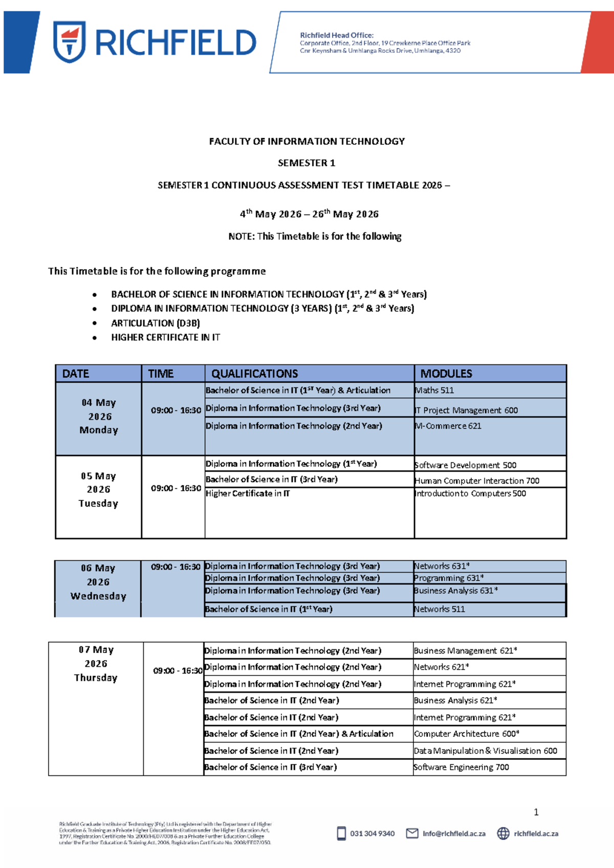 Semester 1 Continuous Assessment Test Timetable (IT) 2026 - Studocu