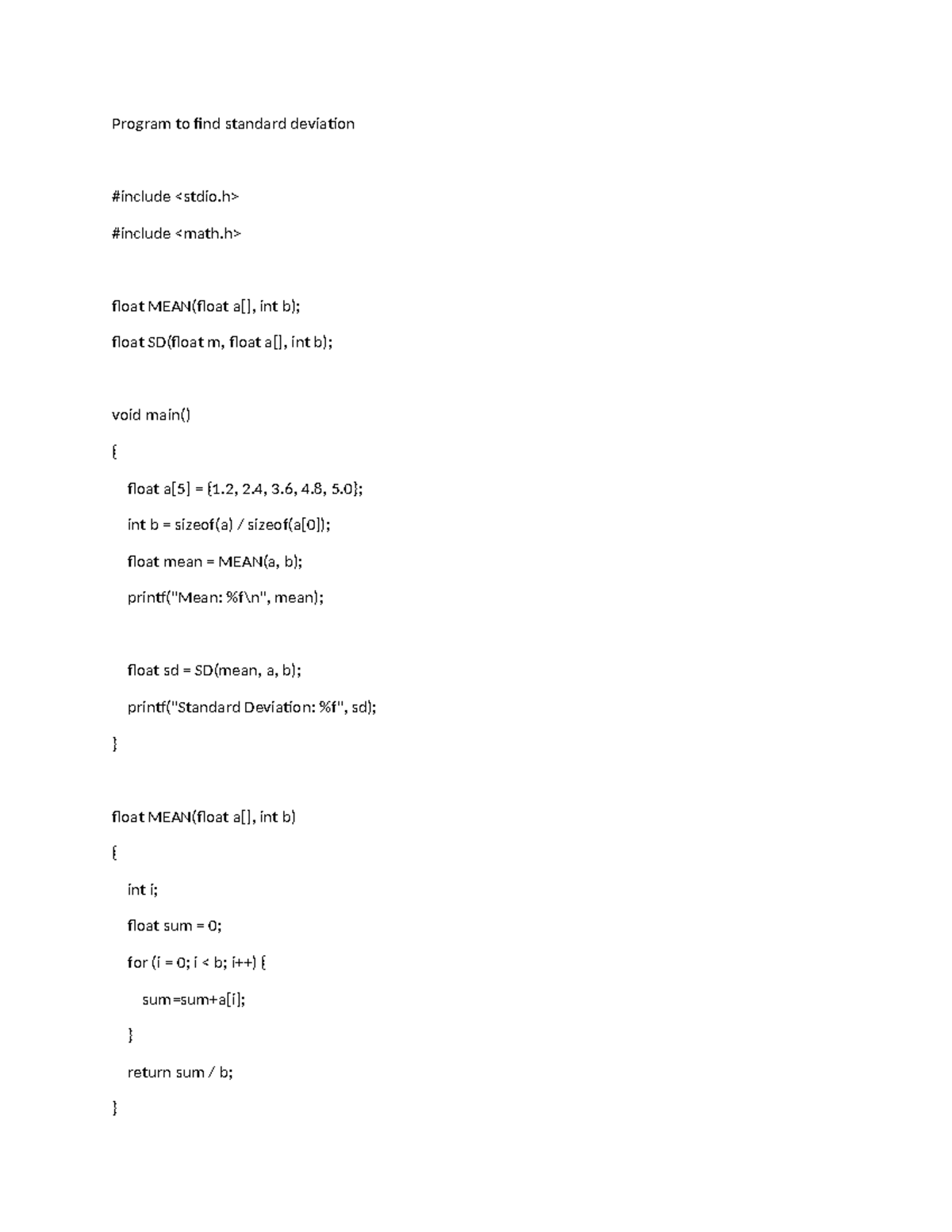 C Programming: Standard Deviation & Largest Number Functions - Studocu