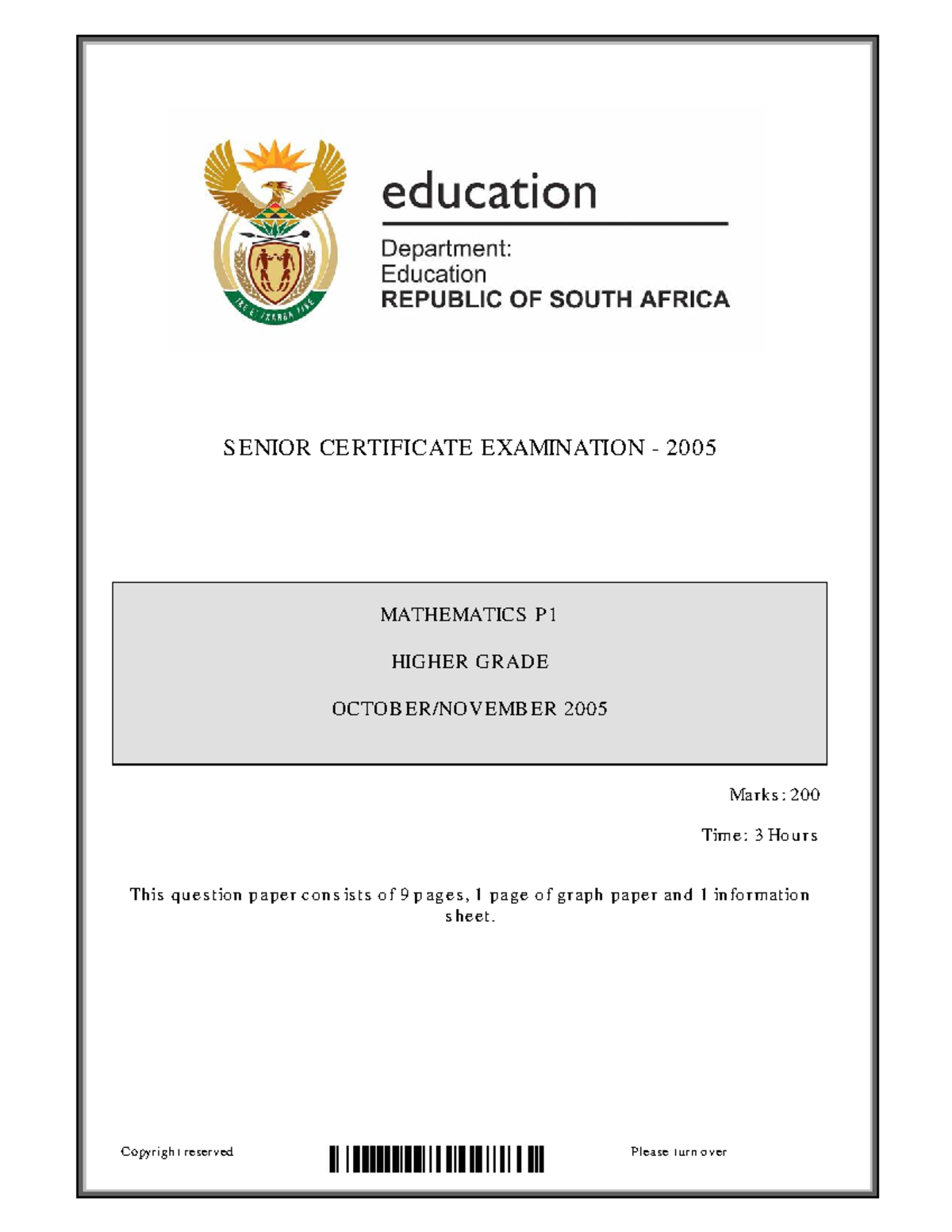 Grade 12 SC Mathematics P1 Higher Grade November 2005 Exam Paper - Studocu