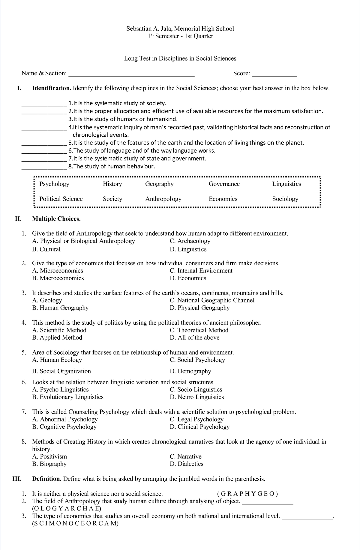MHS 1st Sem Long Test in Disciplines of Social Sciences - Studocu