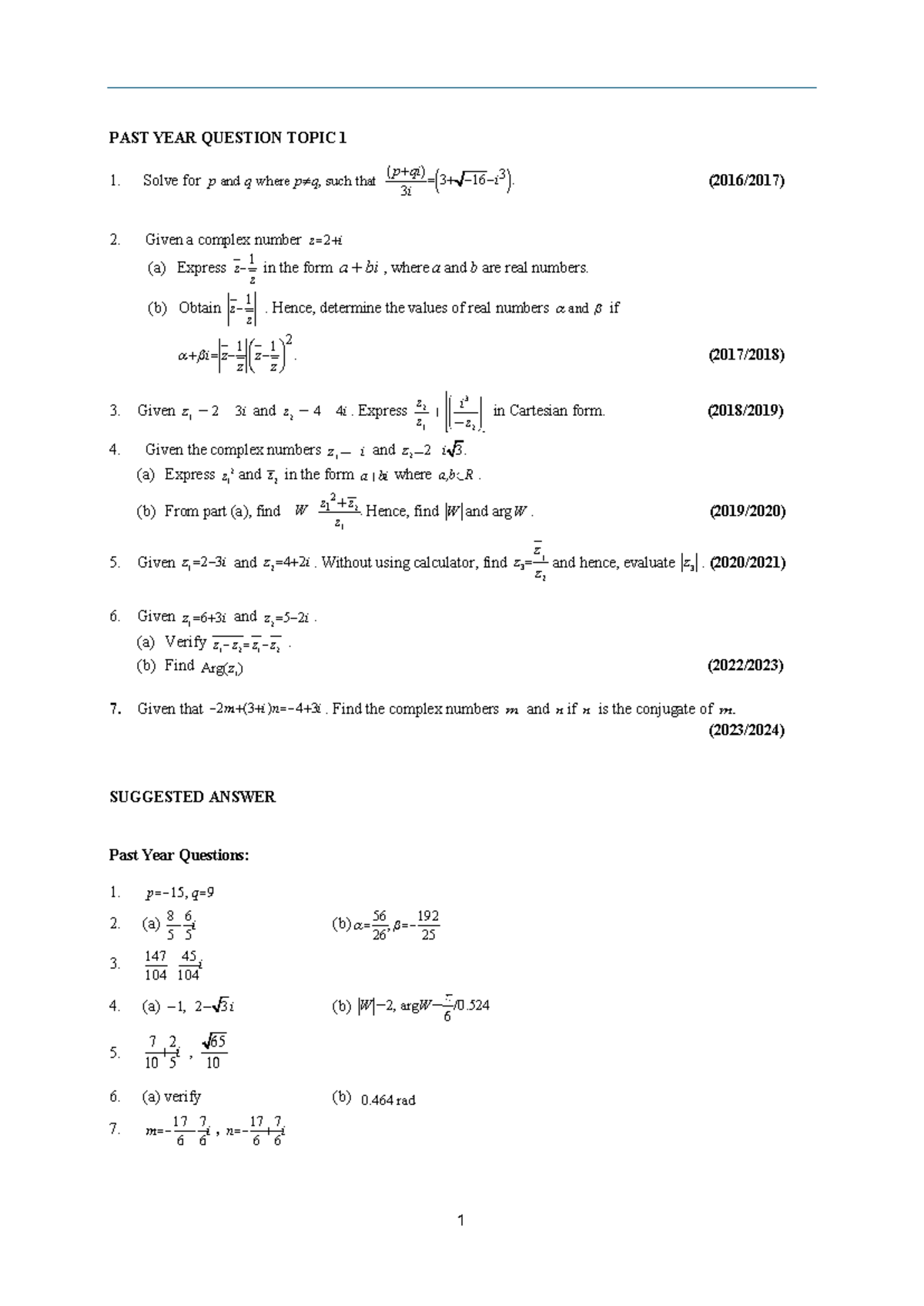 Past Year Questions: Complex Numbers Analysis and Solutions - Studocu