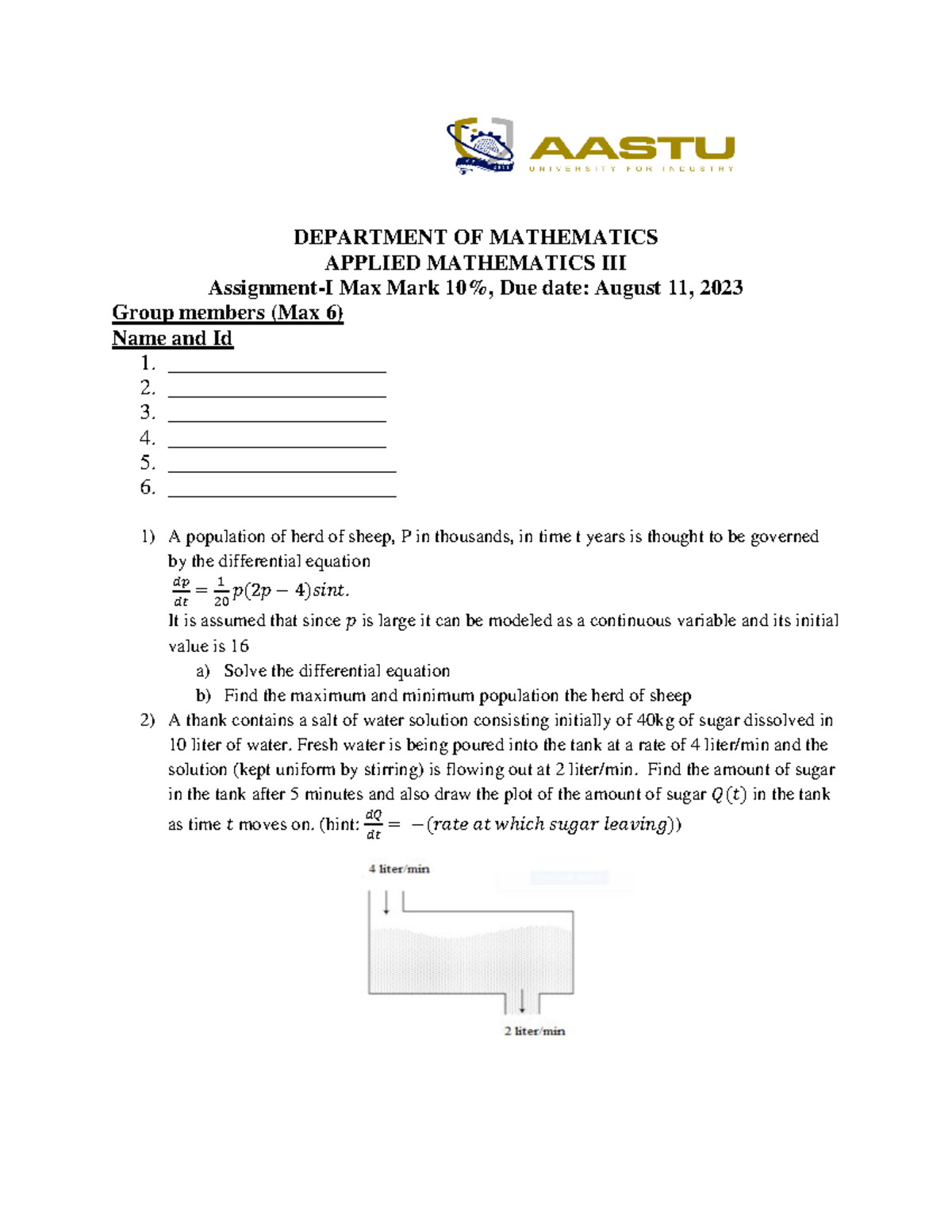Assignment I - DEPARTMENT OF MATHEMATICS APPLIED MATHEMATICS III ...