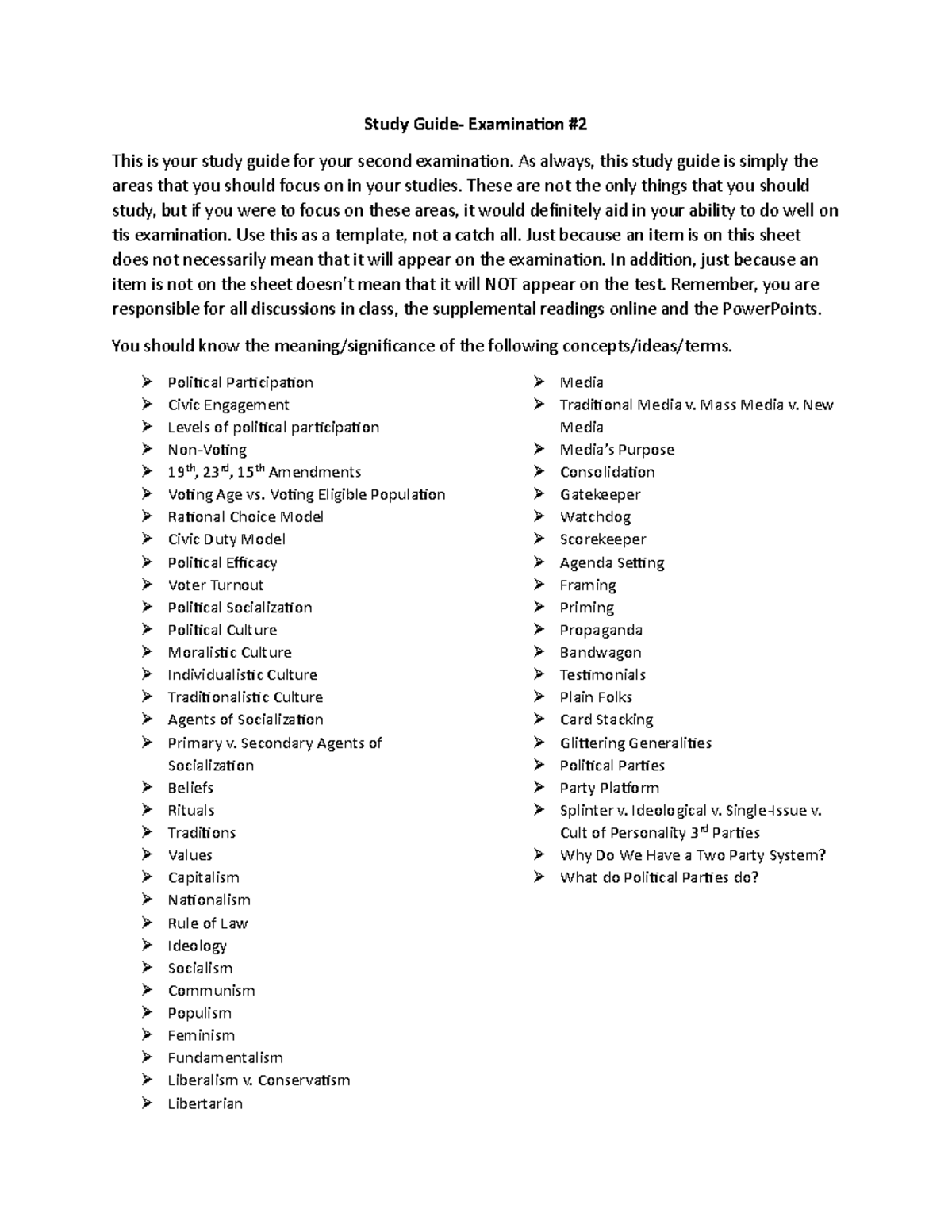 Study Guide for Examination #2 - Political Participation and Engagement ...