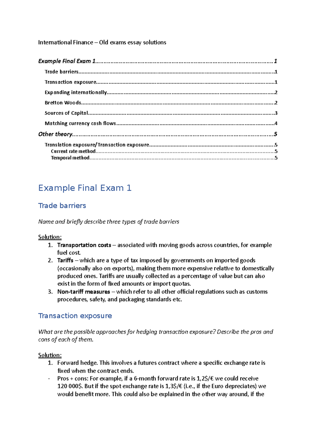 International Finance (IFN101) - Final Exam Essay Solutions - Studocu