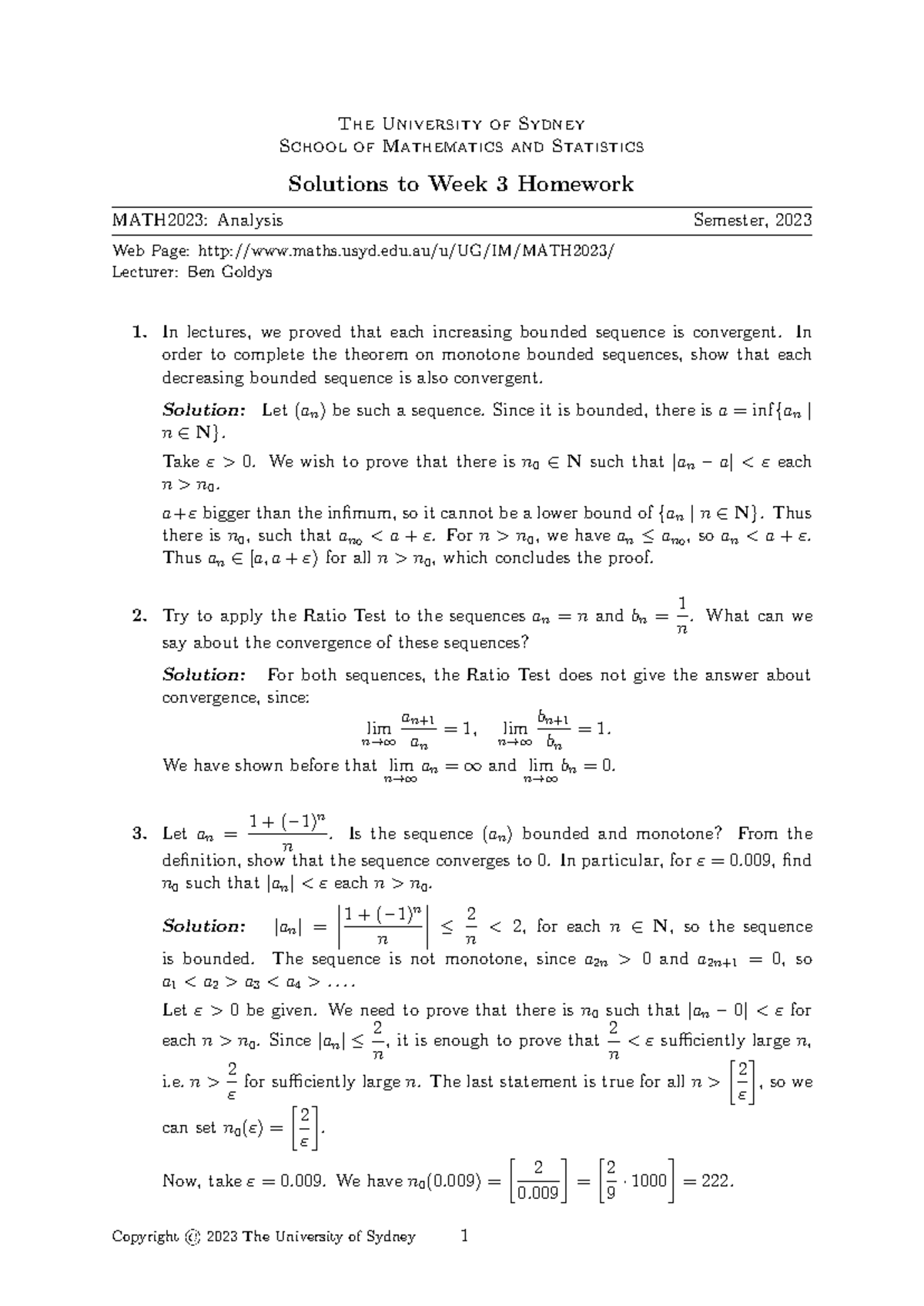 MATH2023: Solutions to Week 3 Homework - Analysis, Semester 2023 - Studocu