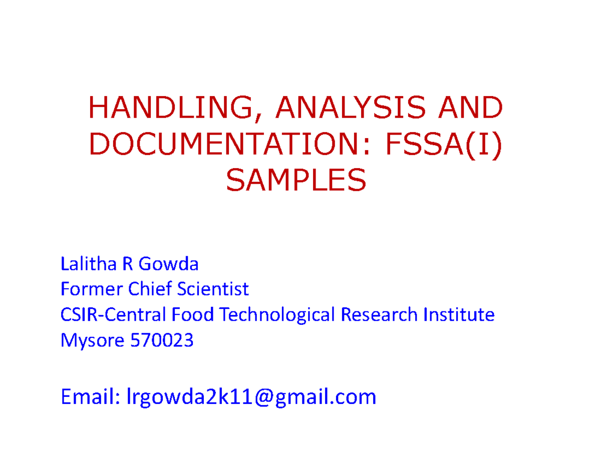 Handling and analysis of food samples under FSSA(I) regulations - Studocu