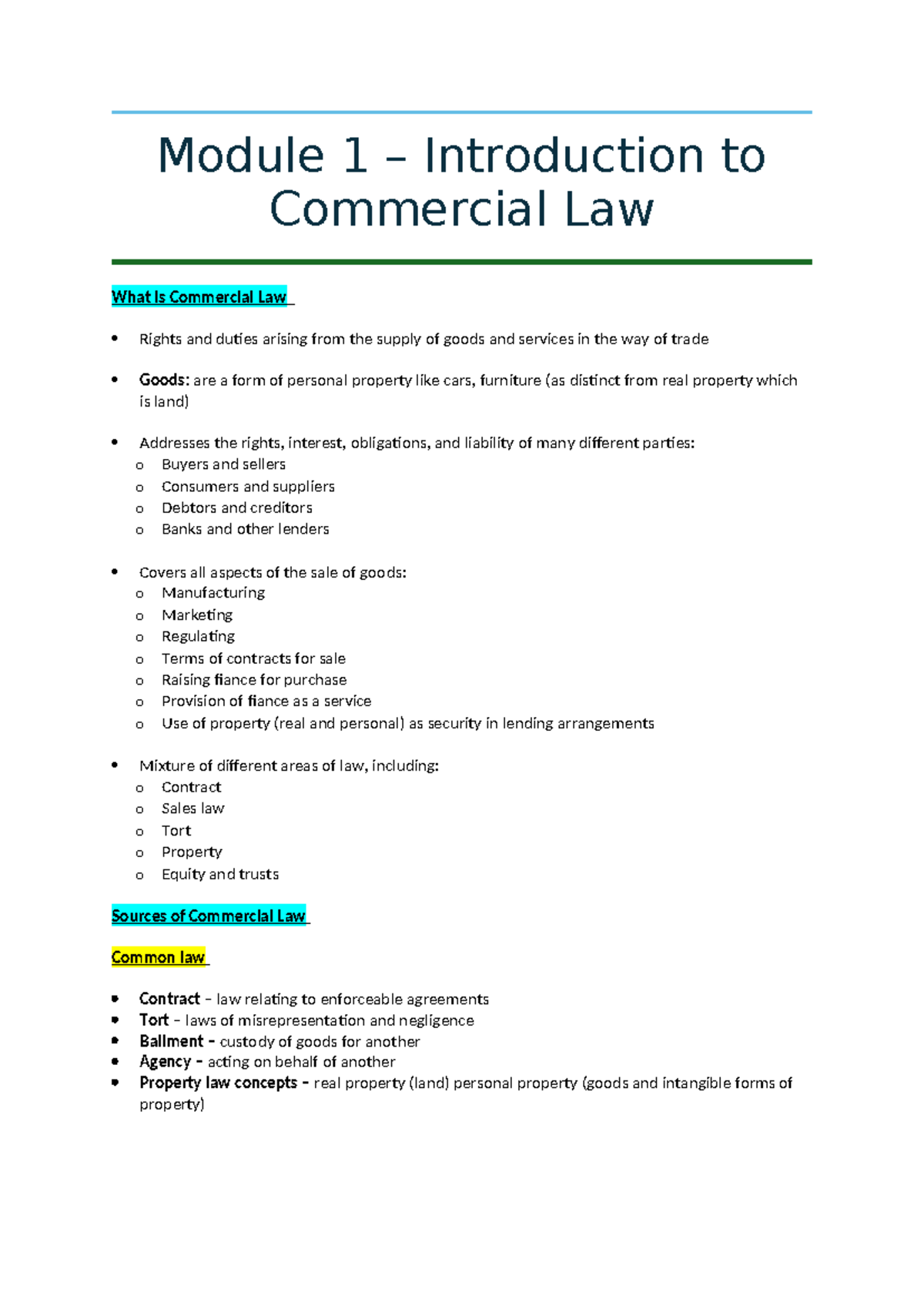 Module 1: Intro to Commercial Law - Rights & Duties in Trade - Studocu