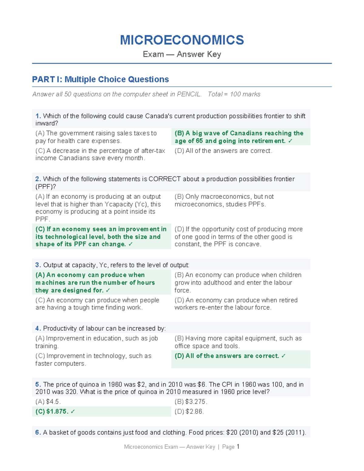 MICROECONOMICS Exam Answer Key: Multiple Choice & Long Answer Solutions ...