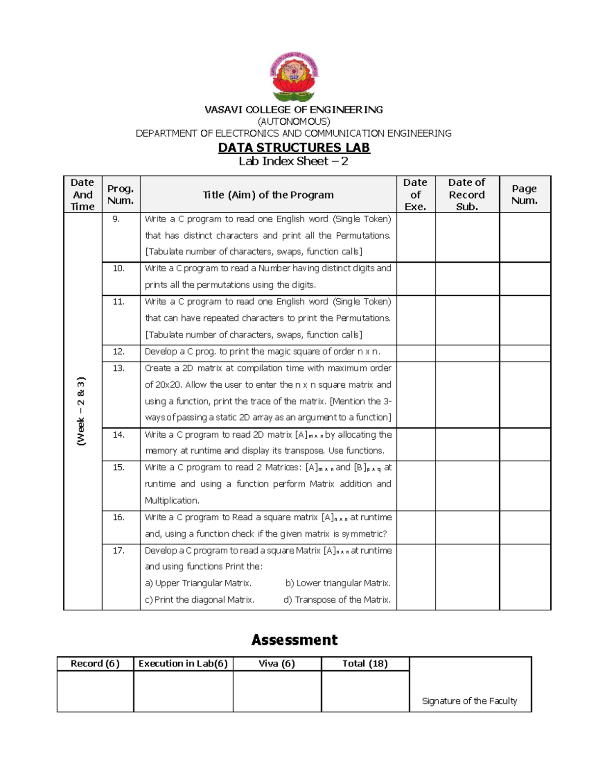Data Structures Lab (CSE 101) - Lab Index Sheet and Programs - Studocu