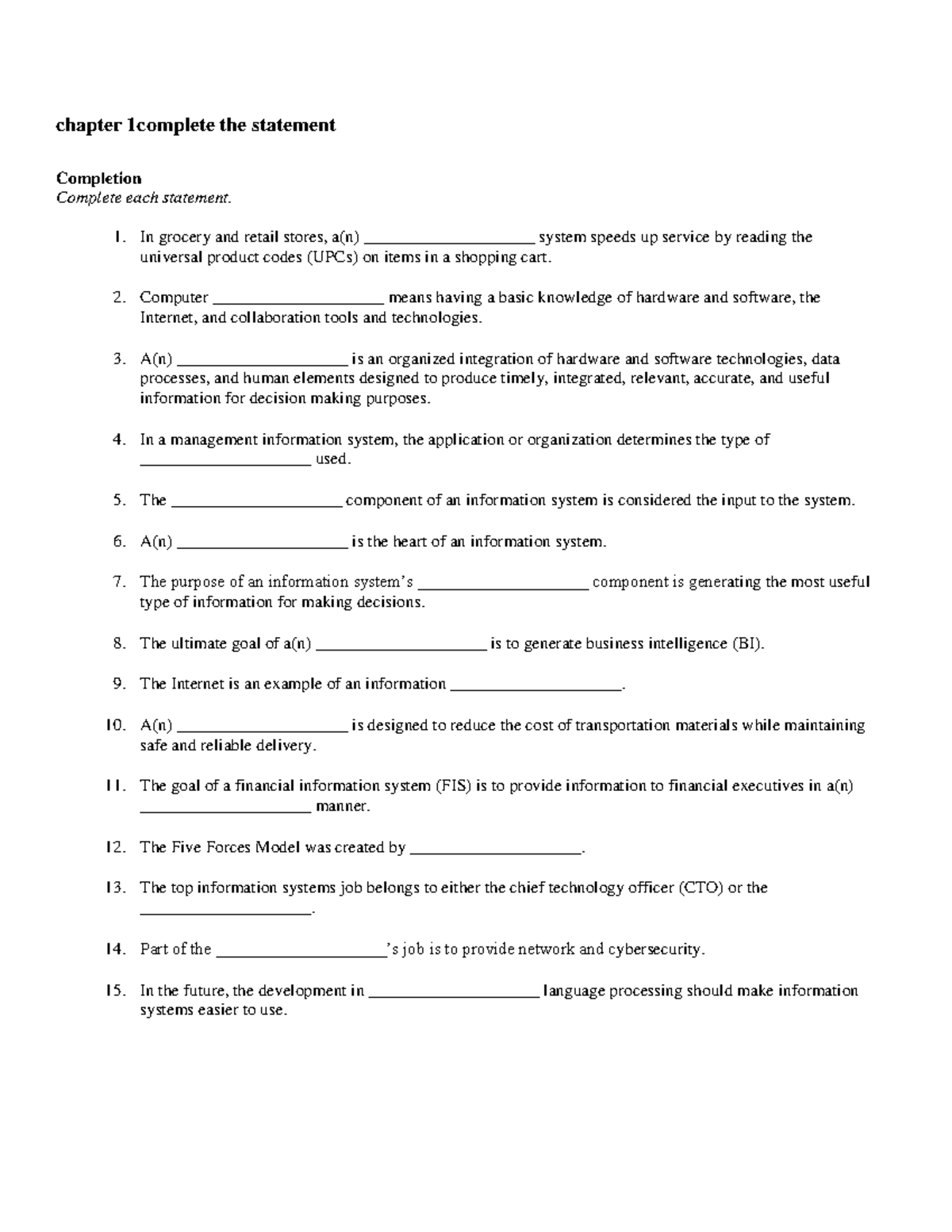 INF1505-Chapter 1 Completion Statements with Answers - Studocu
