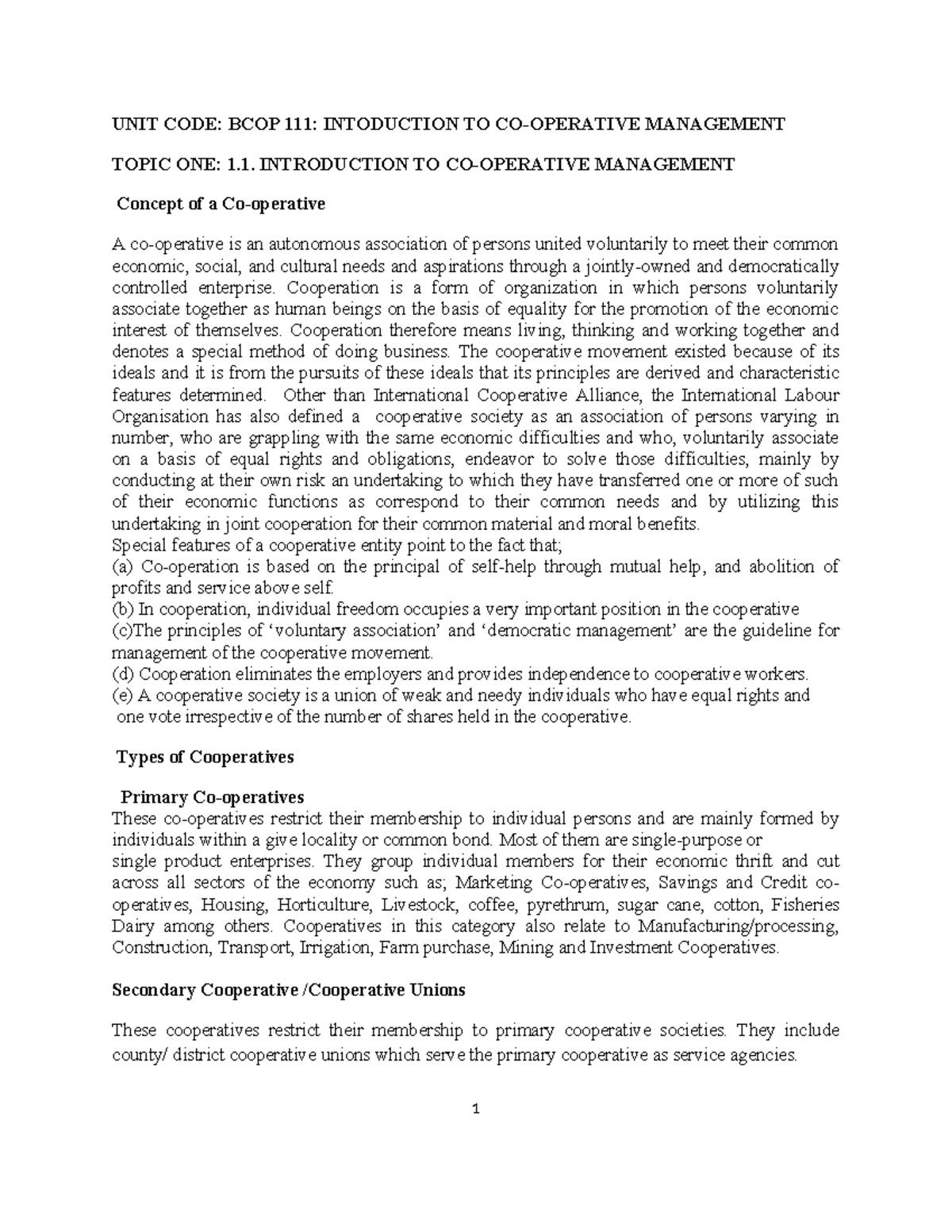 BCOP 111: Introduction to Co-operative Management Overview - Studocu