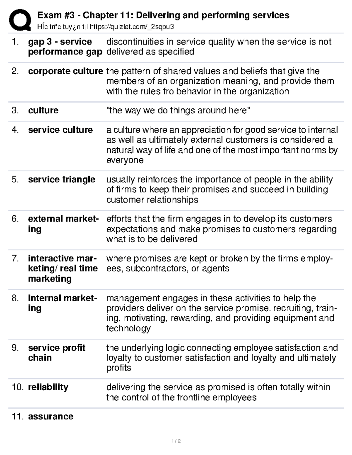 Exam #3 - Chapter 11: Service Delivery & Performance Insights - Studocu