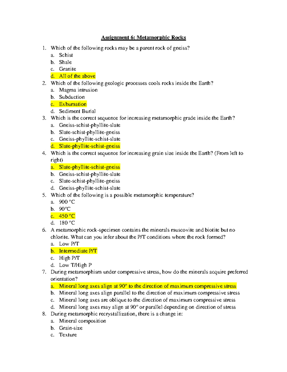 Assignment 6: Metamorphic Rocks - Questions and Concepts Review ...