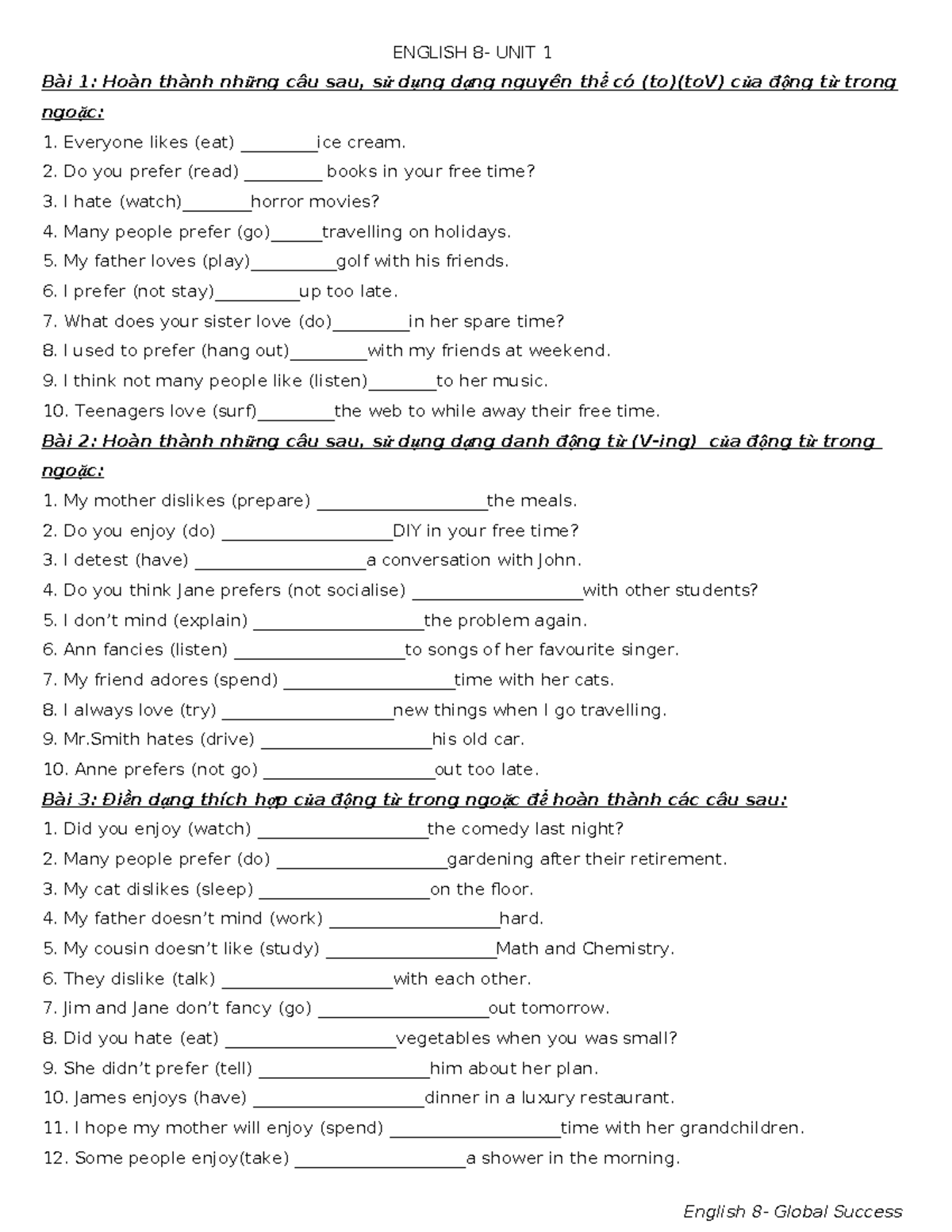 E8- UNIT 1- Exercises on Verb Forms and Sentence Completion - Studocu