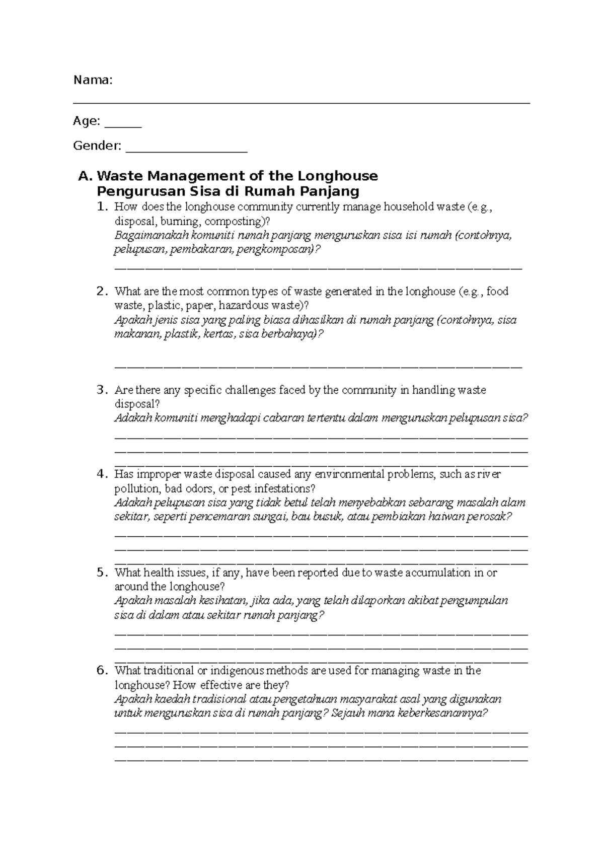 Questionnaire on Waste Management & Cultural Practices in Longhouse ...
