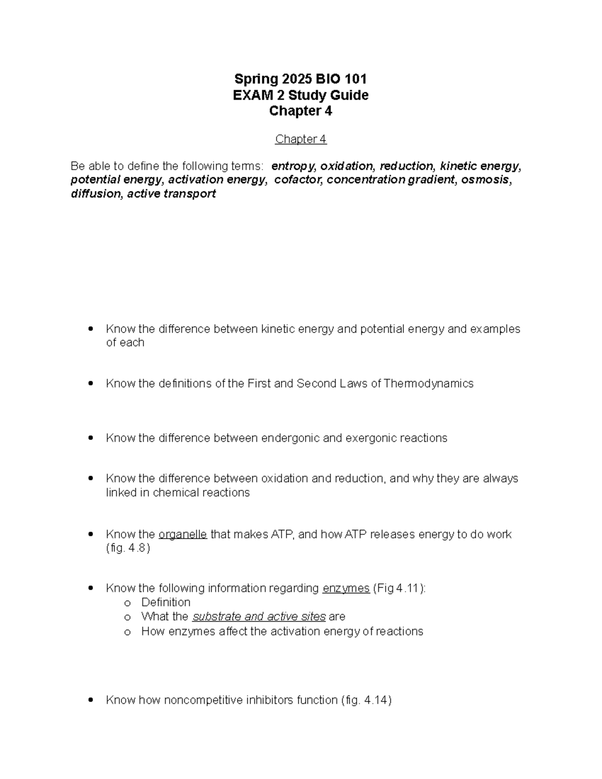 Spring 2025 BIO 101 Exam 2 Study Guide: Key Concepts from Chapter 4 ...