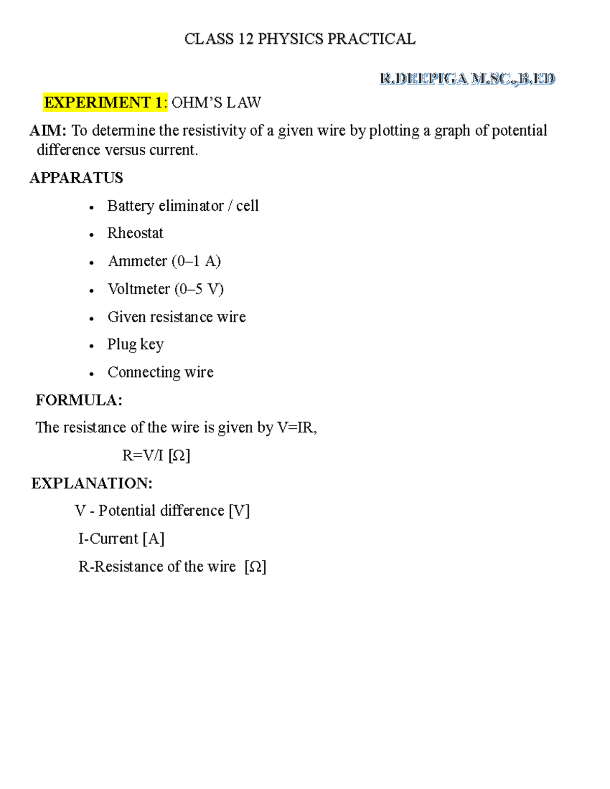 CLASS 12 PHYSICS PRACTICAL MANUAL: EXPERIMENTS ON RESISTANCE & OPTICS ...