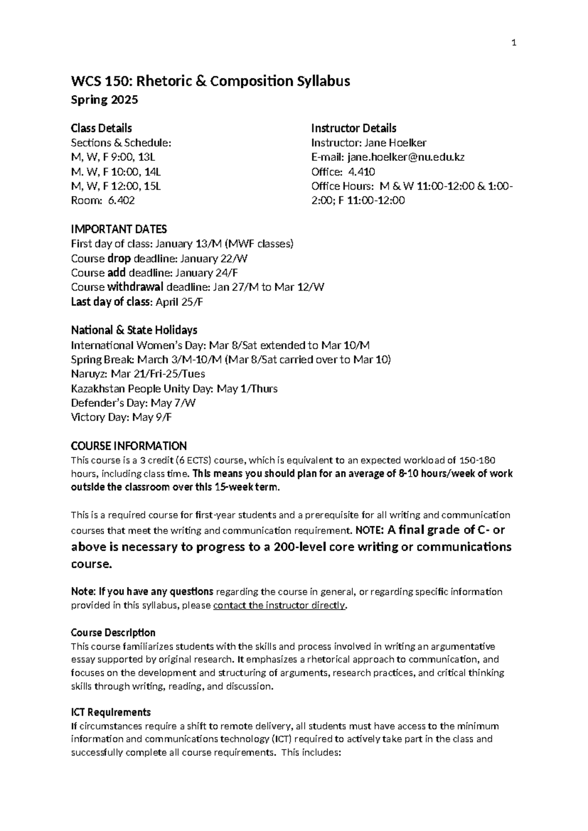 WCS 150: Rhetoric Composition Syllabus - Spring 2025 Overview - Studocu