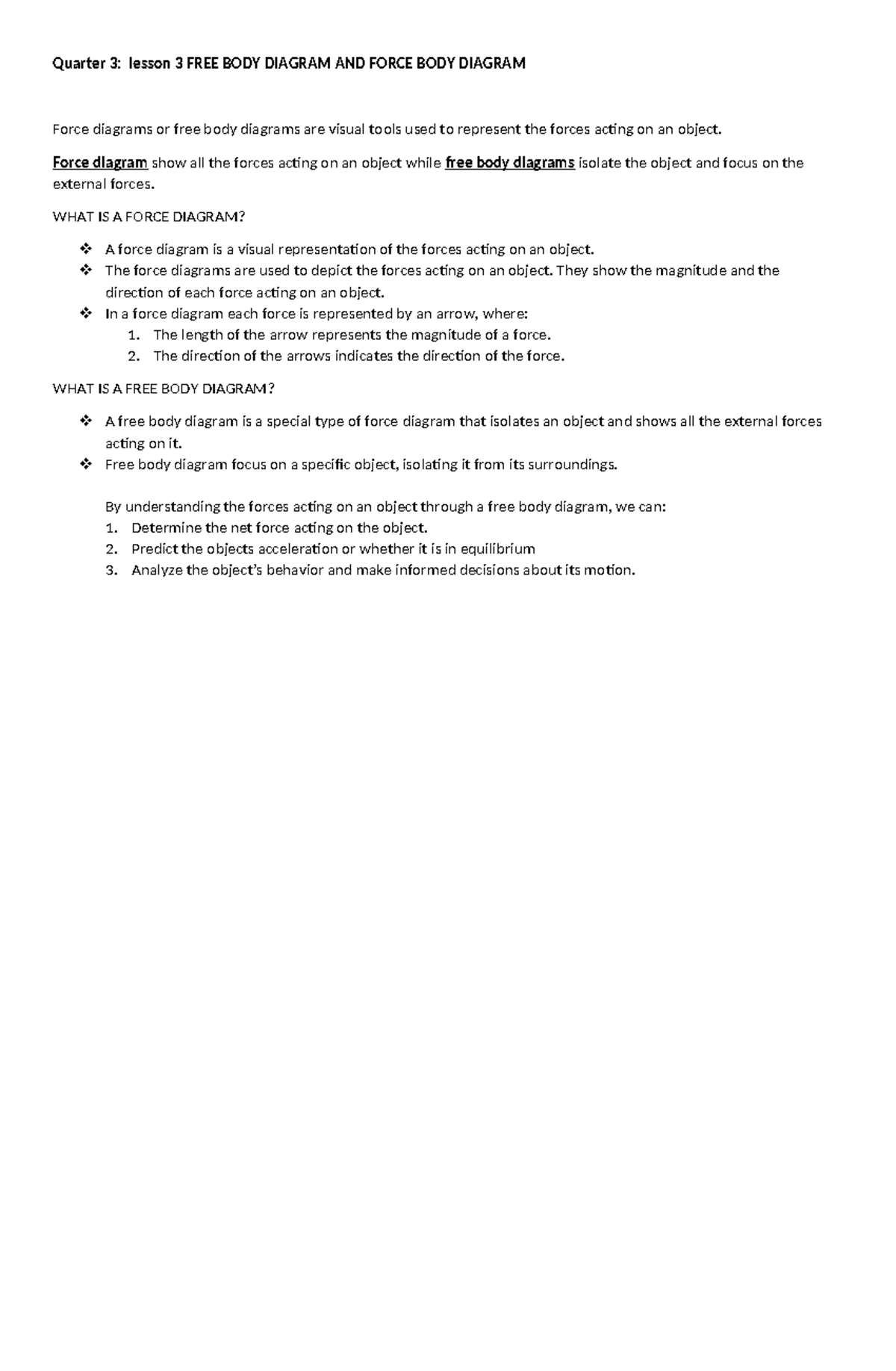 Science FREE BODY Diagram - Quarter 3: lesson 3 FREE BODY DIAGRAM AND ...