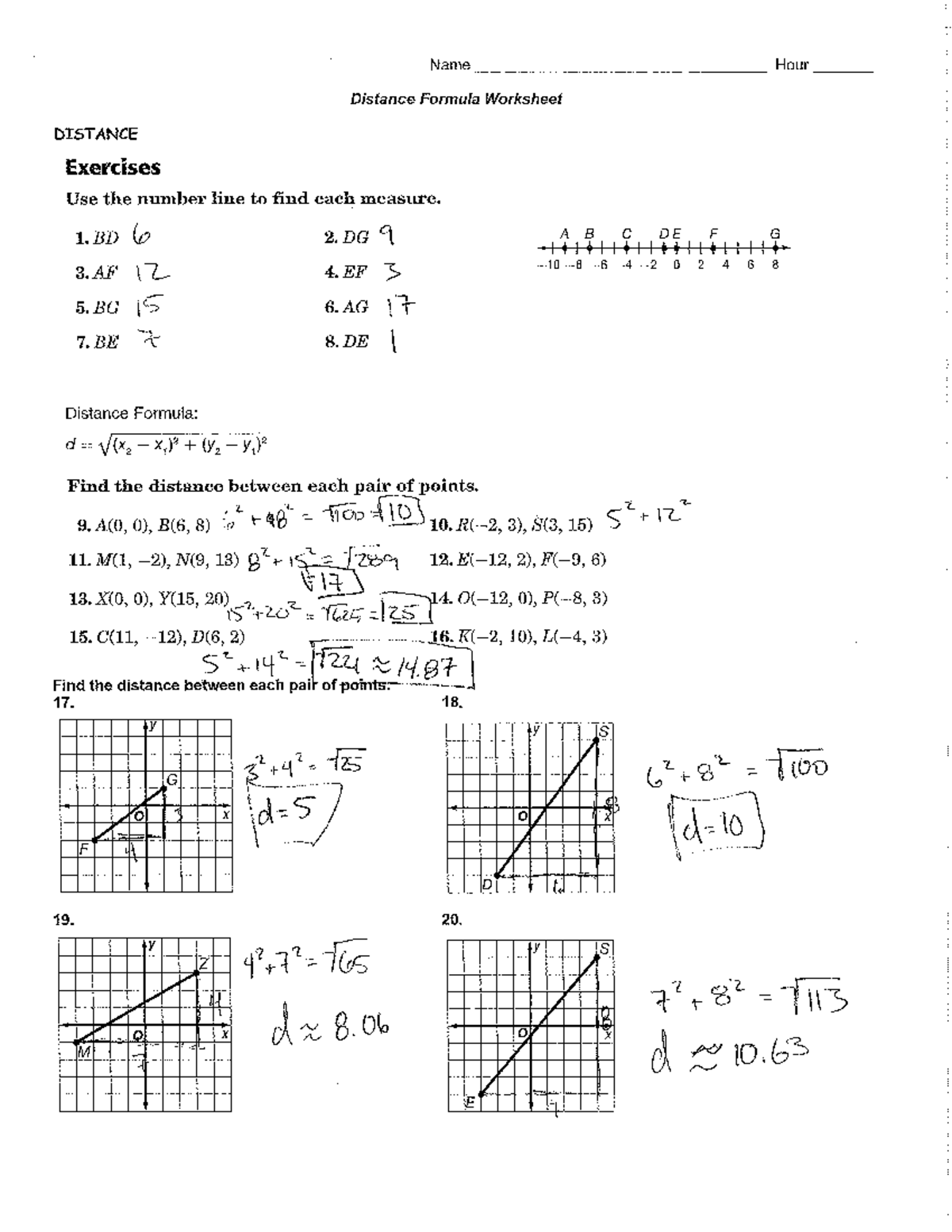 9 - Geometry - Name Hour Distance Formula Worksheet DISTANCE Exercises ...