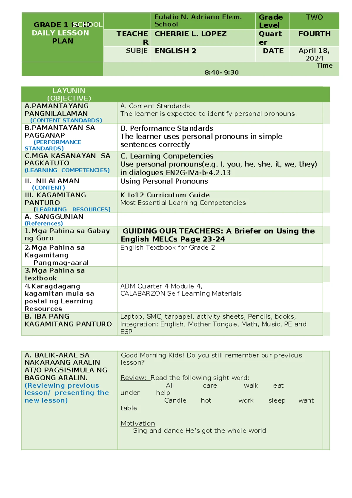 Detailed Lesson Plan for ESP 1: Quarter 2 on Parental Obedience - Studocu