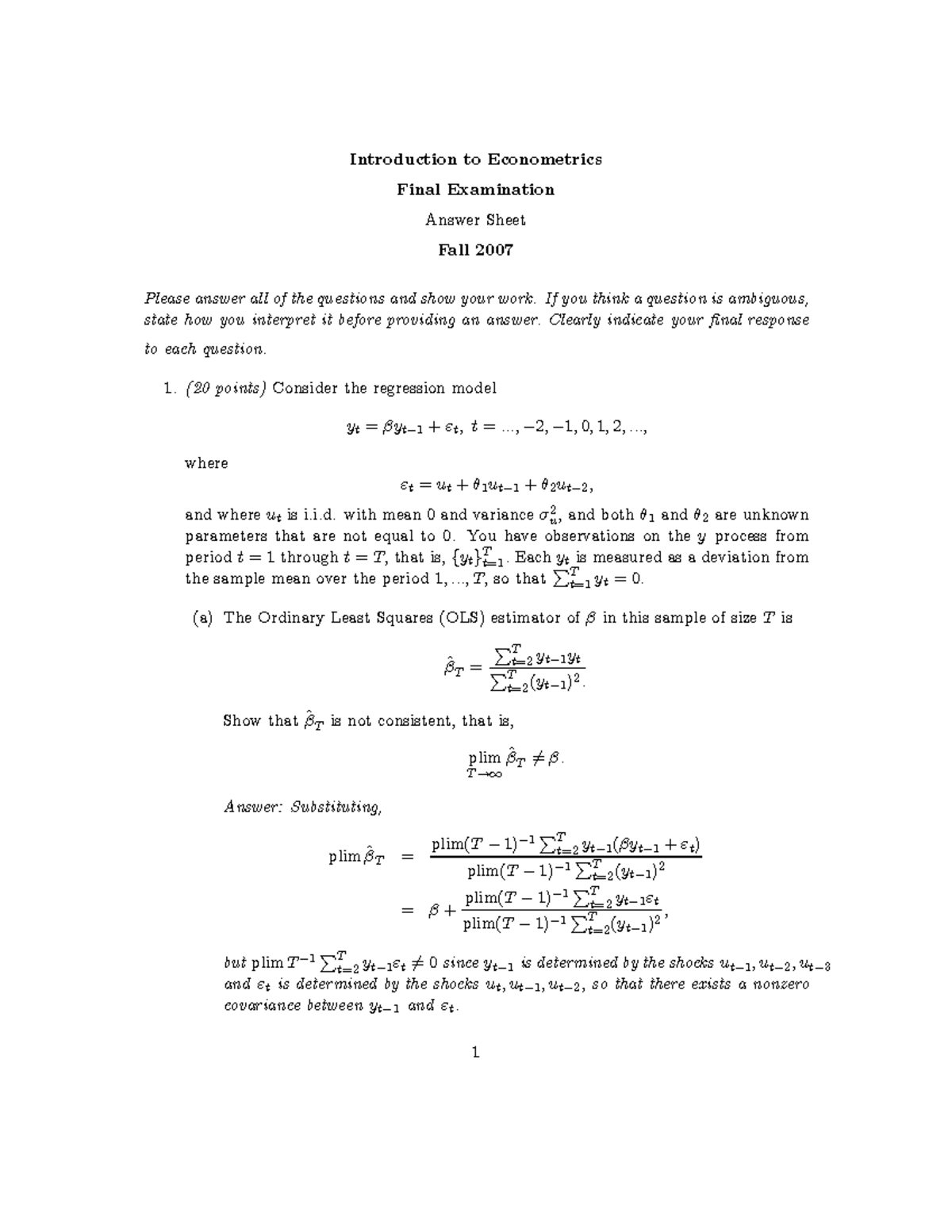 IE2007 Final Exam Answer Key for Econometrics (Fall 2007) - Studocu