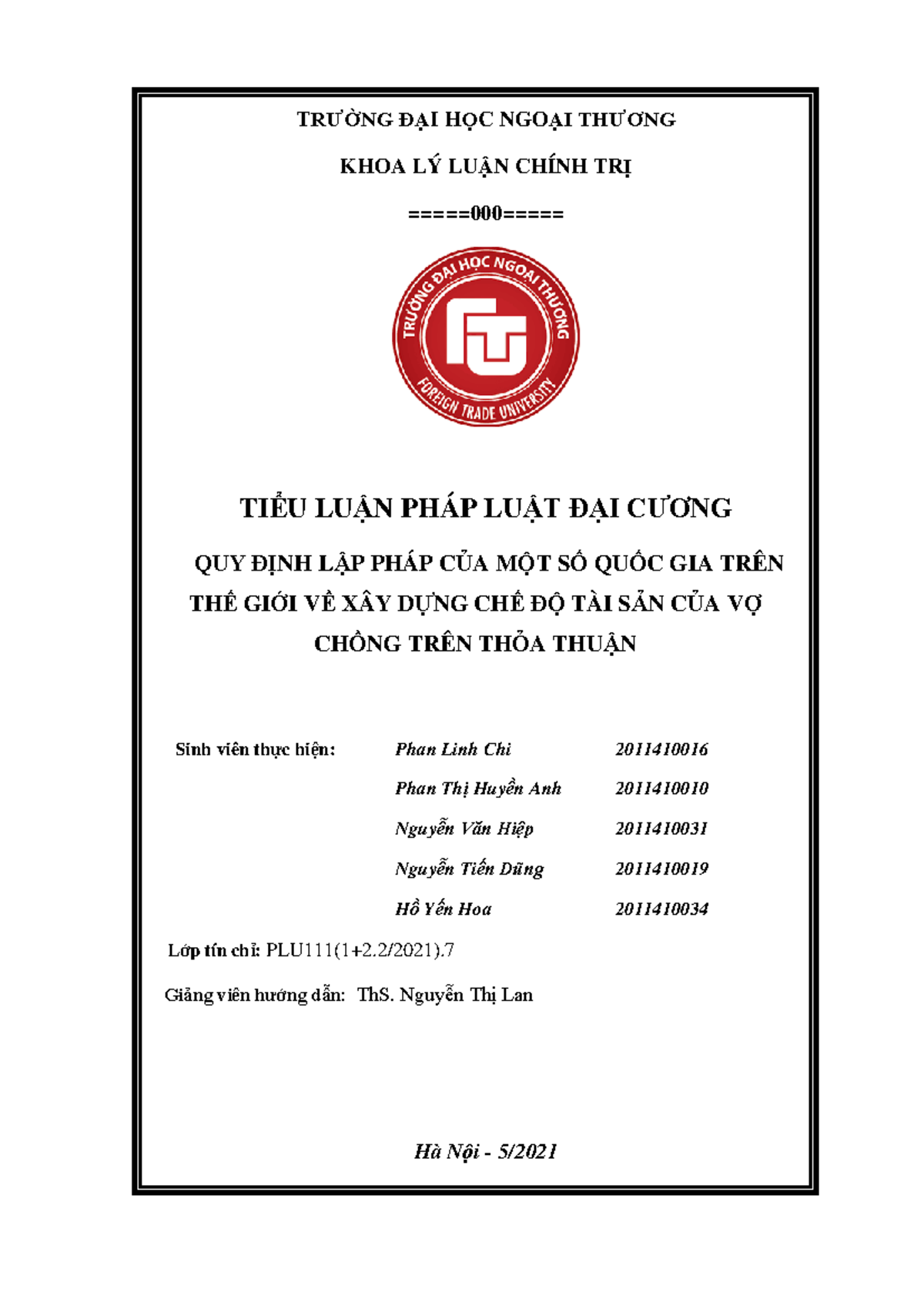 Final - A group essay of PLU - TRƯỜNG ĐẠI HỌC NGOẠI THƯƠNG KHOA LÝ LUẬN ...