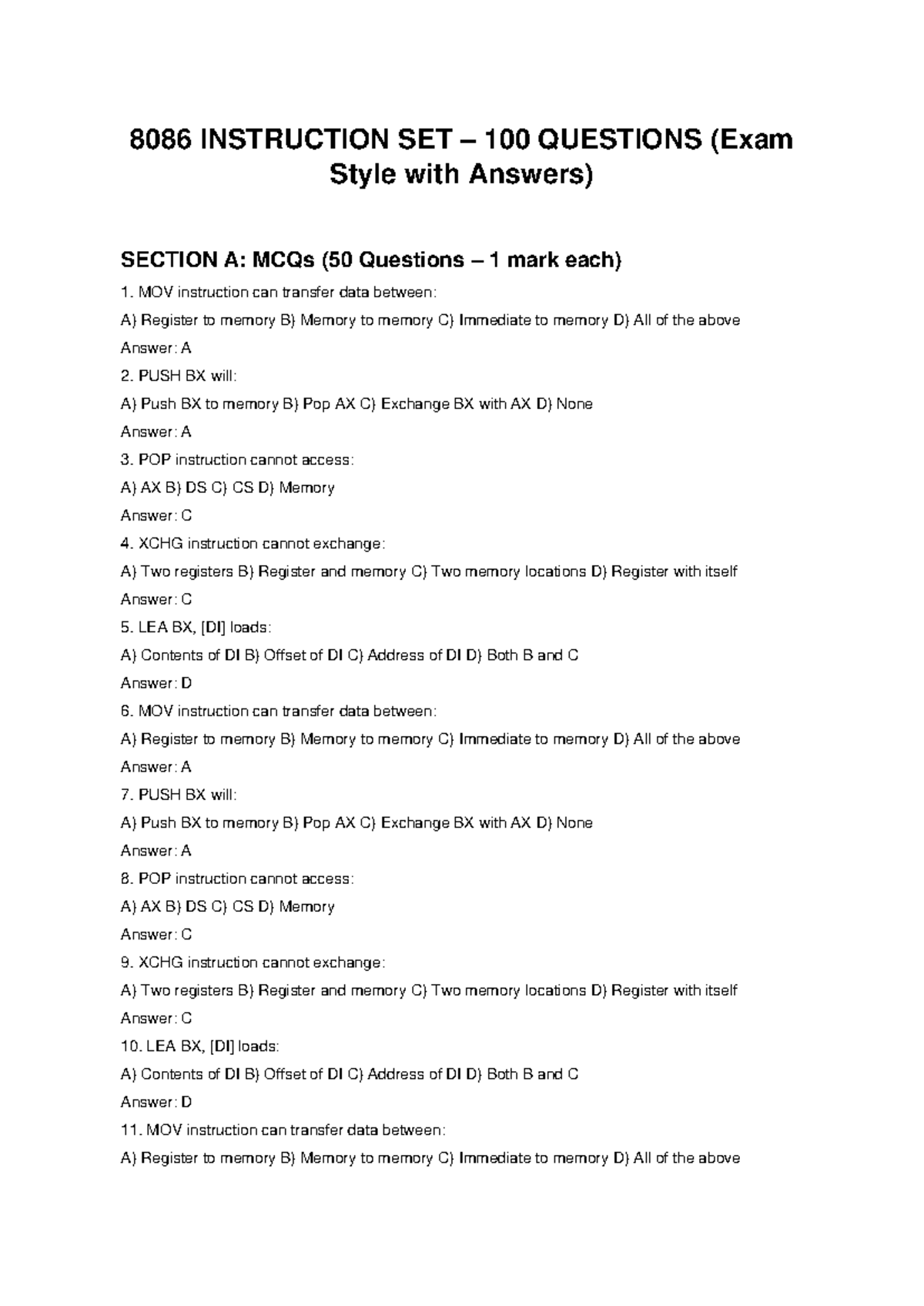 8086 INSTRUCTION SET: 100 Exam-Style Questions with Answers - Studocu