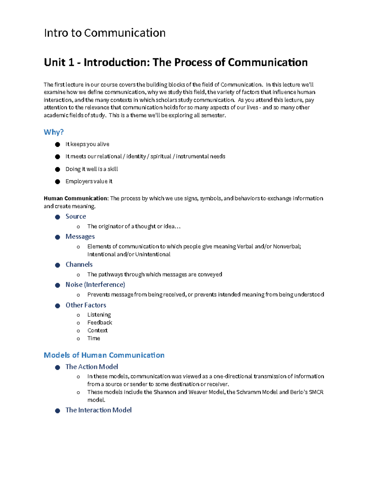 COMM 1000 Lecture Notes: Intro to Communication and Key Concepts - Studocu