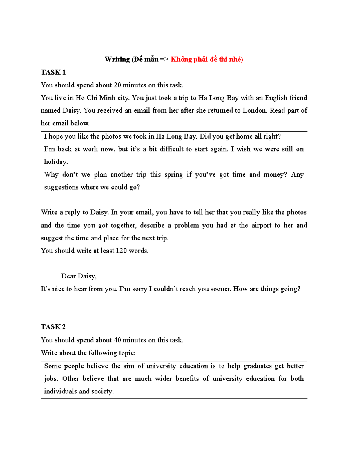 CEFR - Đề mẫu Writing - Writing (Đề mẫu => Không phải đề thi nhé) TASK ...