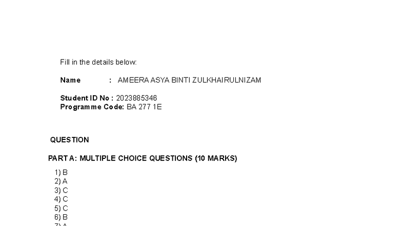 Answer to MOCK TEST 2 - BA 277 1E Sample Questions - Studocu
