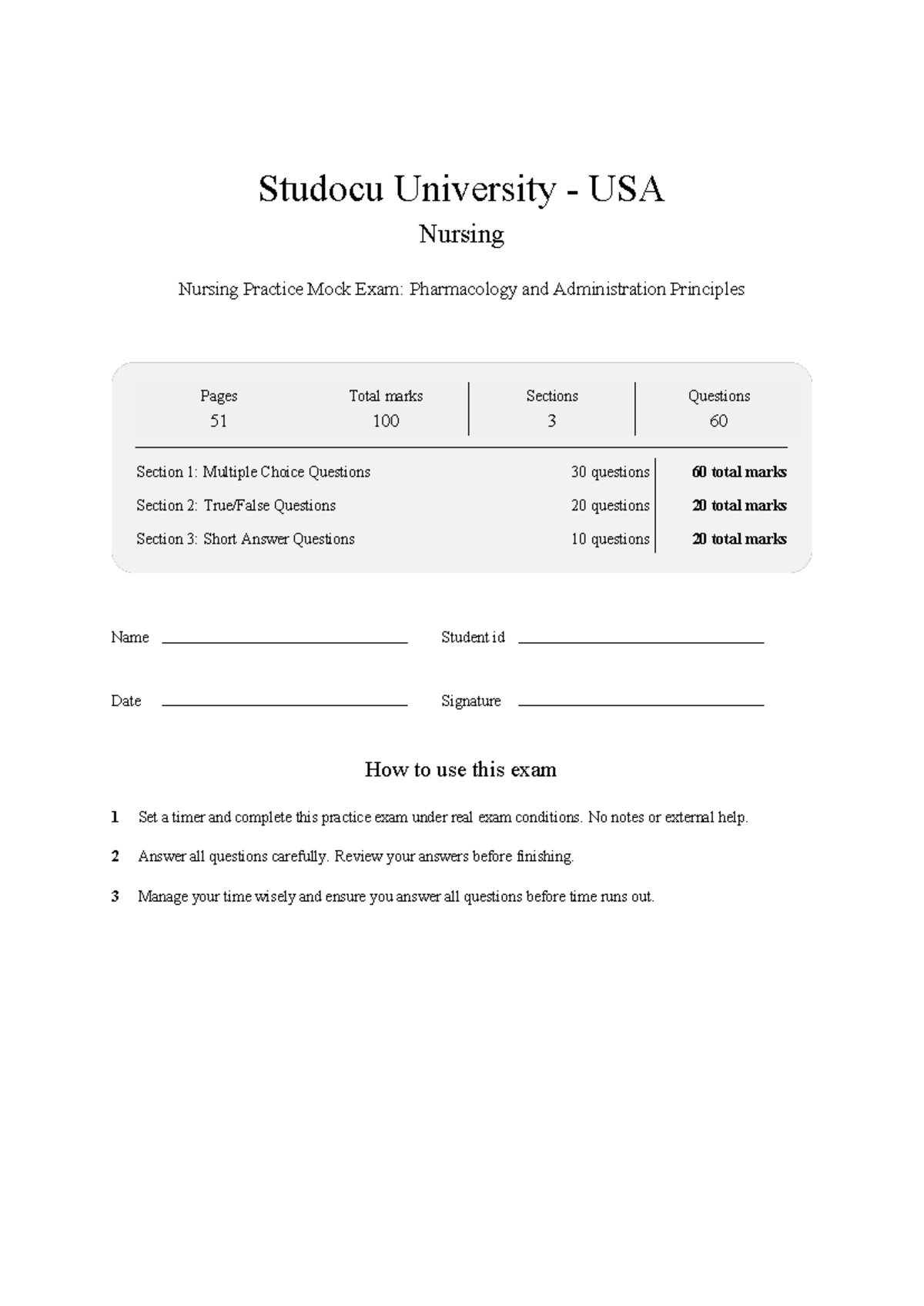 NUR 101 Final Exam: Nursing Practice Mock Exam on Pharmacology - Studocu
