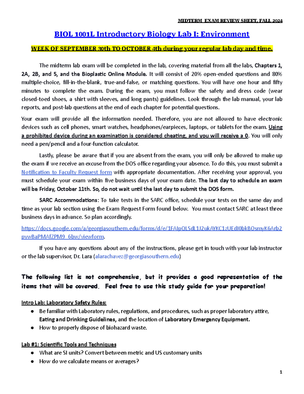 BIOL 1001L Midterm Exam Review Guide - Lab Safety & Procedures Fall ...