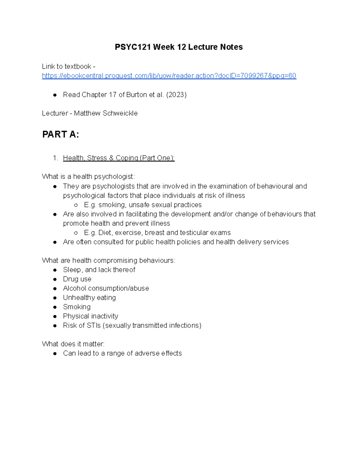 PSYC121 Week 12 Lecture Notes: Health, Stress, and Coping Strategies ...