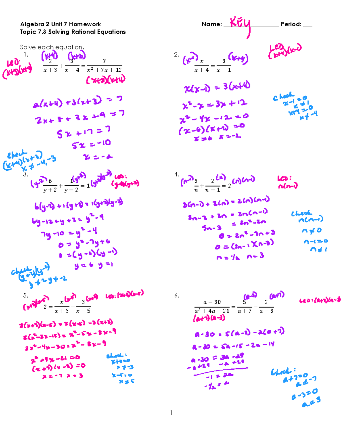Algebra 2 Unit 7 Homework: Solving Rational Equations (Topic 7.3) - Studocu