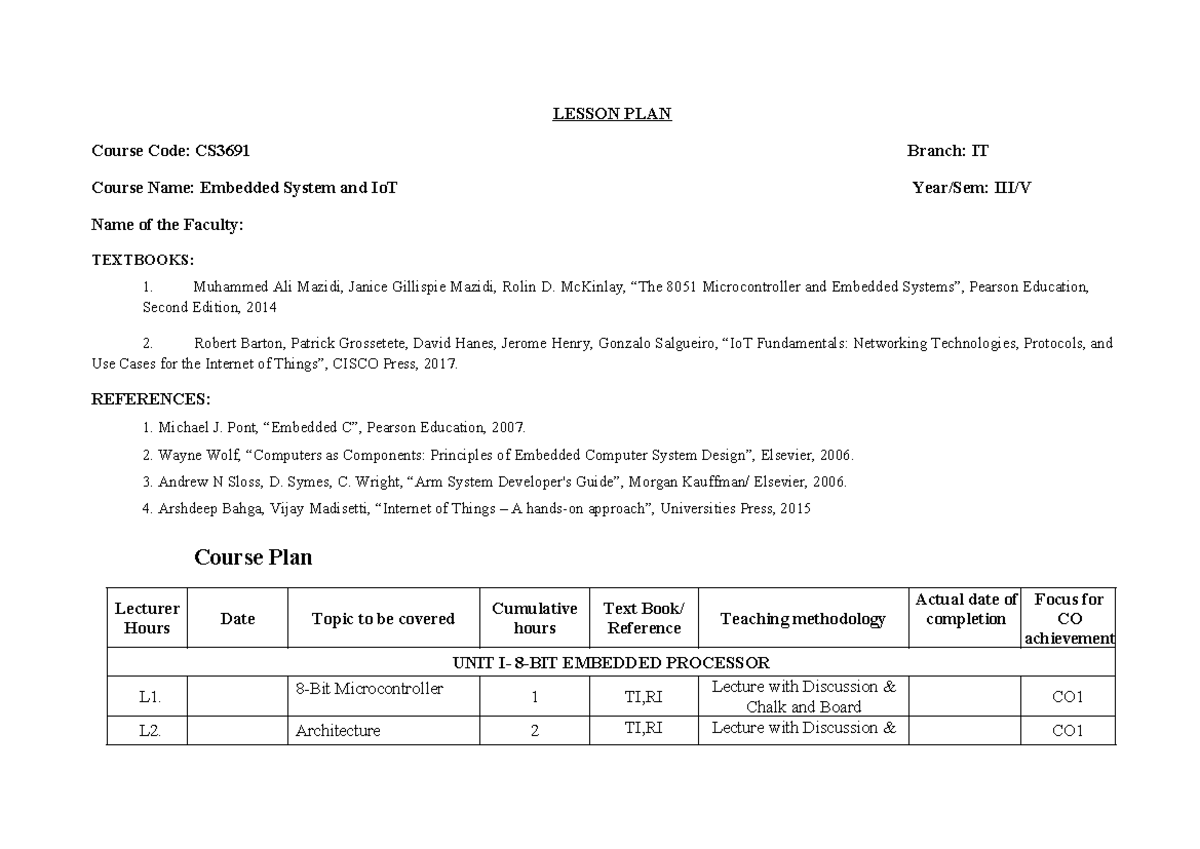 CS3691 Lesson Plan: Embedded Systems & IoT Course Overview - Studocu