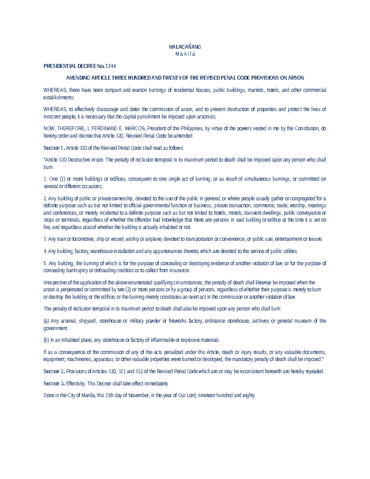 PD-1744 & PD-1613: Amendments on Arson Laws in the Philippines - Studocu