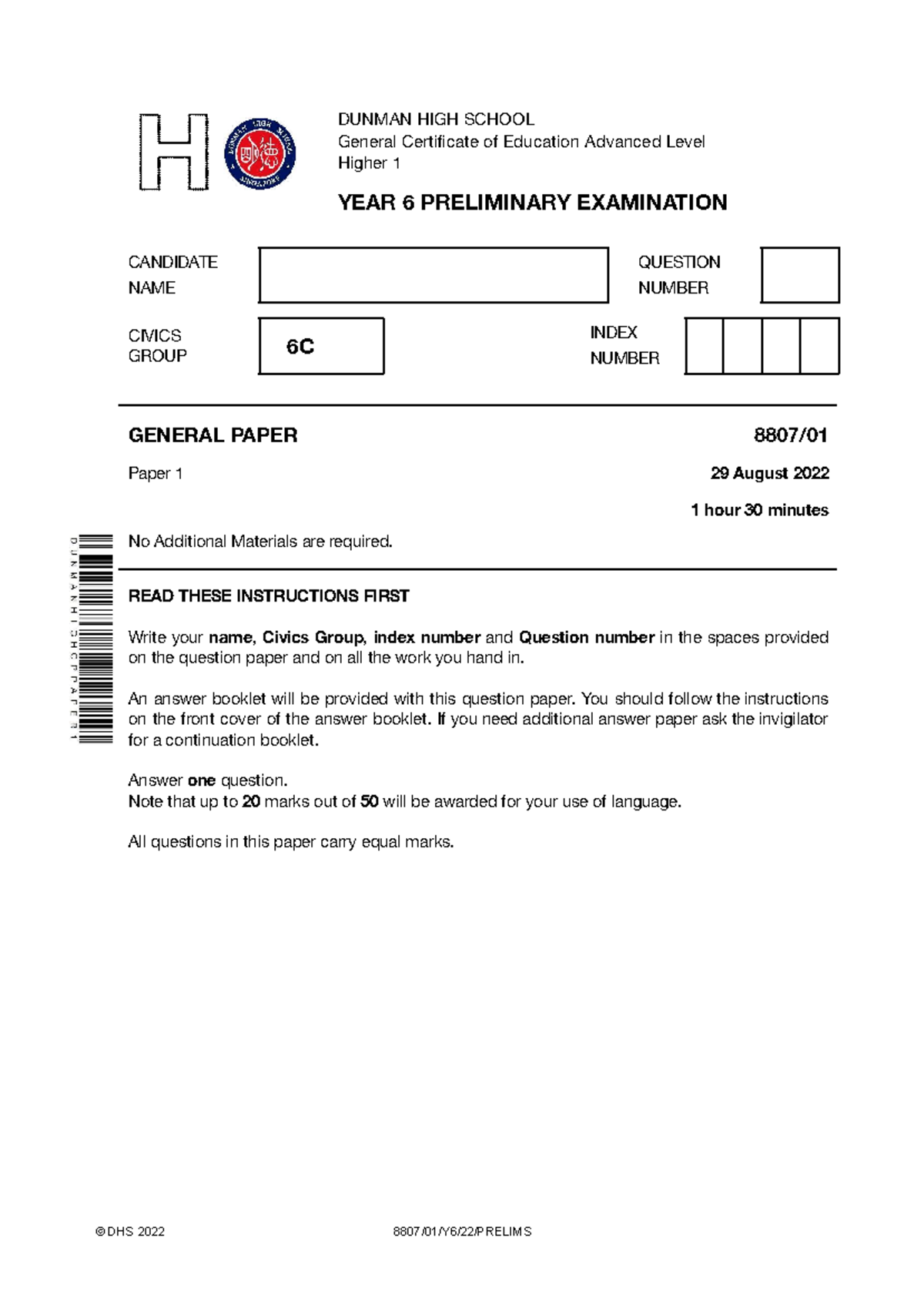 2022 DHS Y6 GP Prelim Exam Paper 1 Question Paper - Studocu