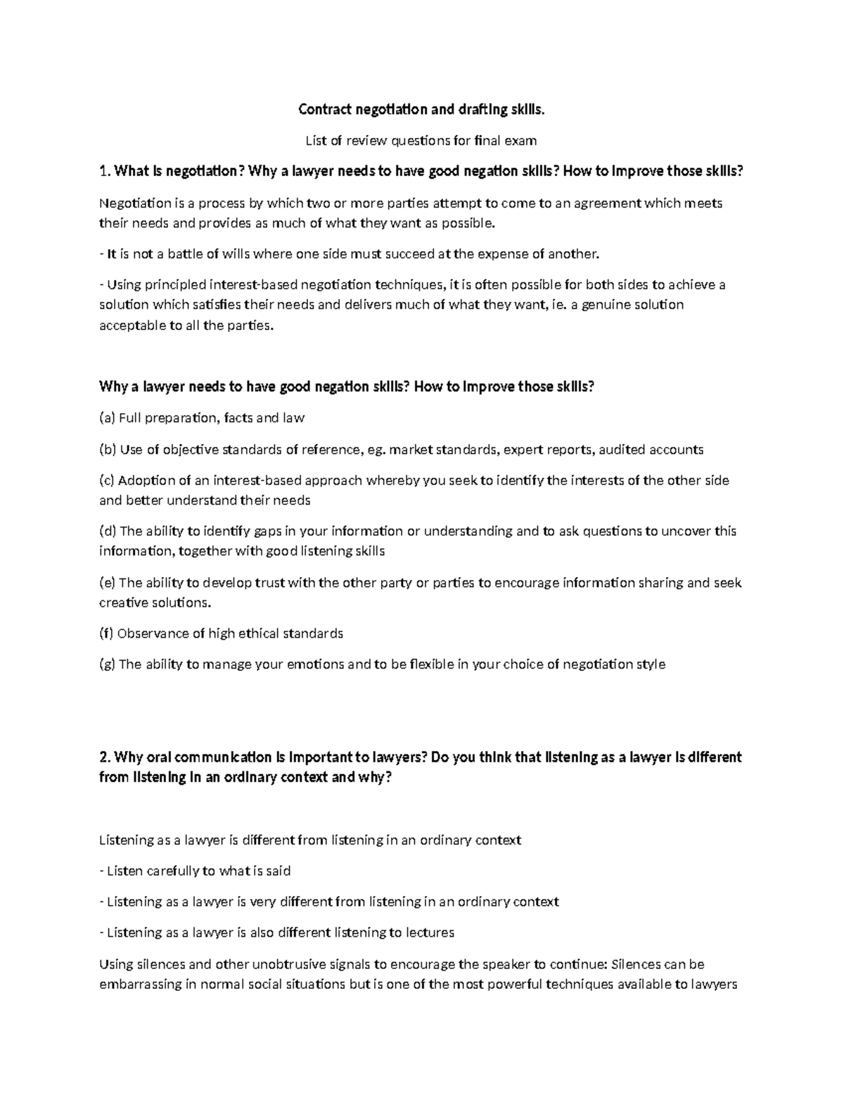 Contract Negotiation Skills Review Questions for Final Exam - Studocu