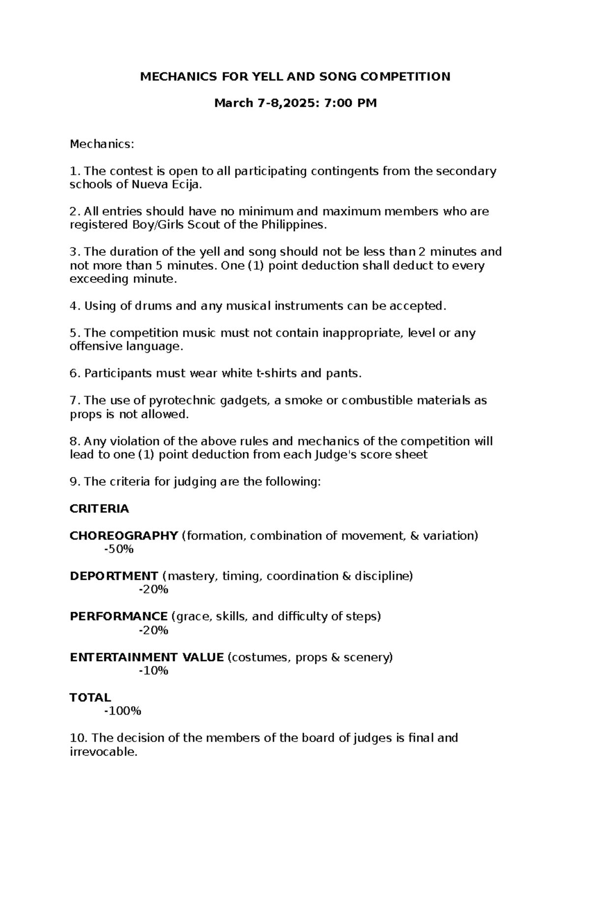 MECHANICS FOR YELL & SONG COMPETITION - NUEVA ECIJA GUIDELINES - Studocu