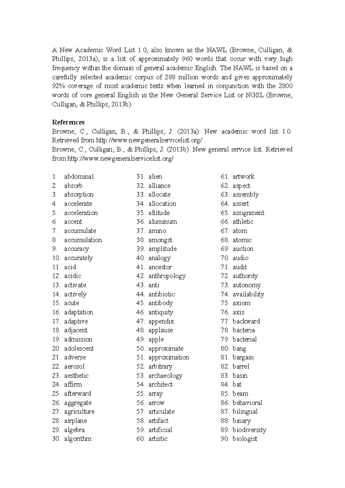 NAWL 1.0: Comprehensive Academic Vocabulary List - Studocu