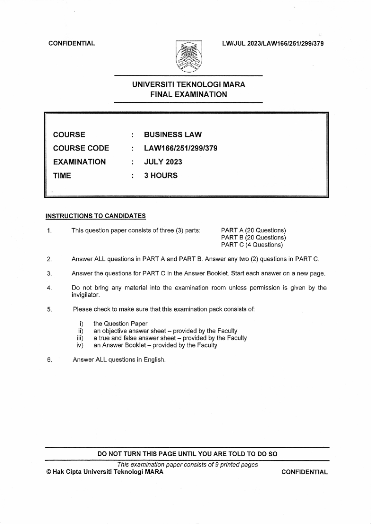 LAW 299 Business Law Final Exam PYQ July 2023 Analysis and Review - Studocu
