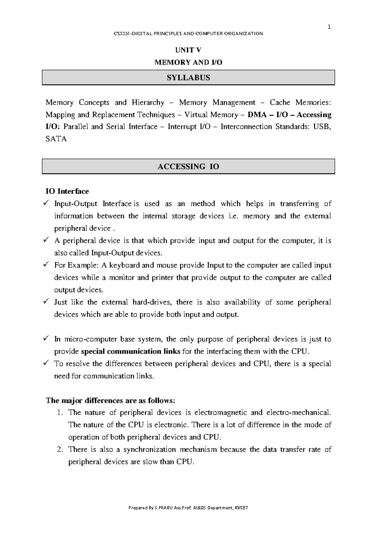 DPCO UNIT 5 PART 4 - Memory Concepts and I/O Interface Study Notes ...