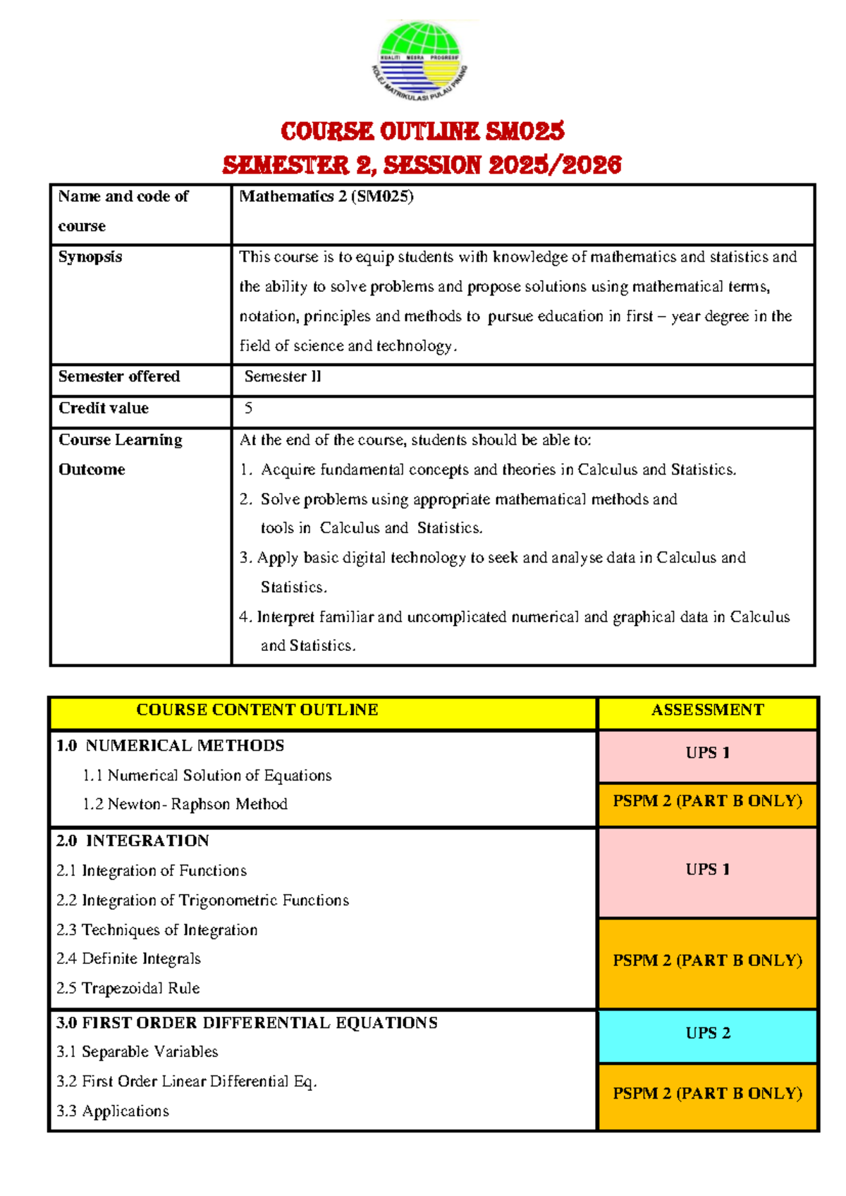 Mathematics 2 Course Outline (SM025) - Semester II Overview - Studocu