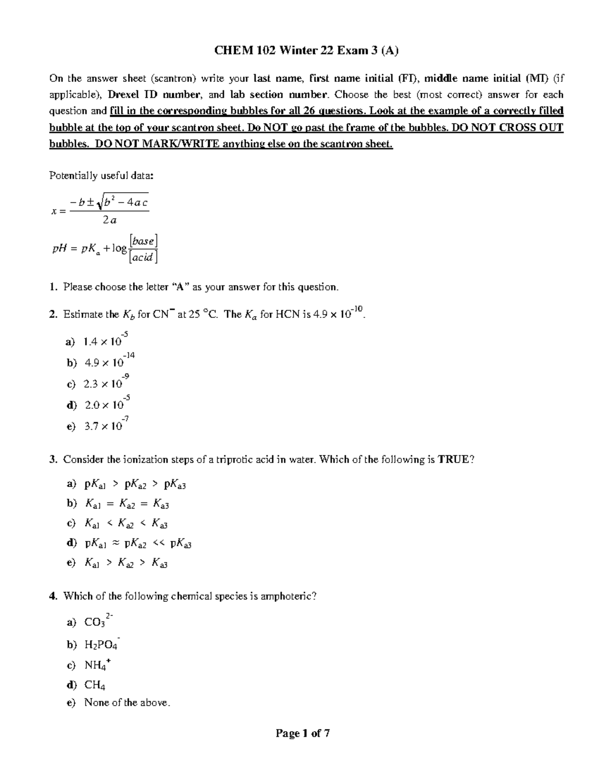 Exam 3 Key for CHEM 102 Winter 2022 - Answer Key & Guidelines - Studocu