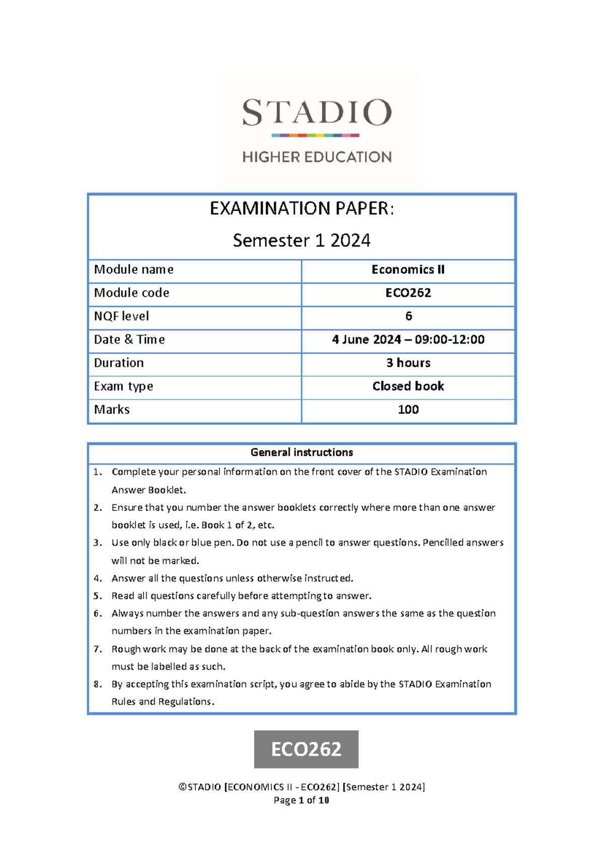 Final Exam Paper: Economics II - ECO262 - June 2024 (100 Marks) - Studocu