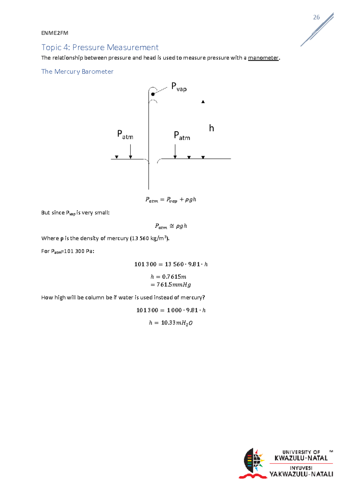 26 ENME2FM Topic 4: Pressure Measurement and Manometer Analysis - Studocu